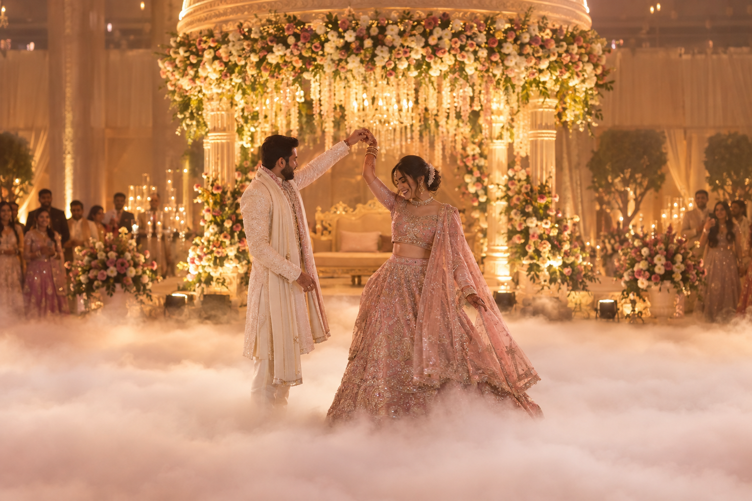 Wedding with dancing on clouds effect