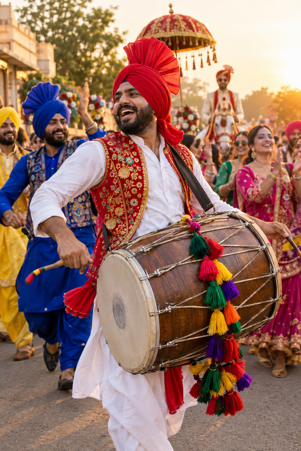 Dhol player performing at a wedding