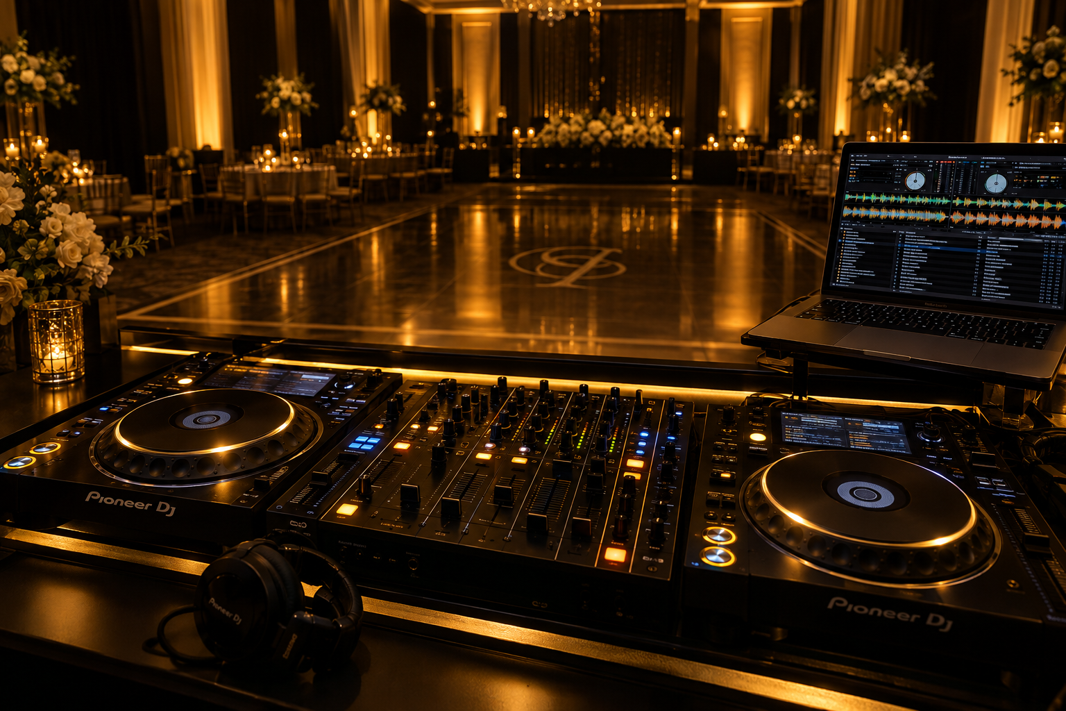 Professional DJ booth with modern equipment at a wedding reception
