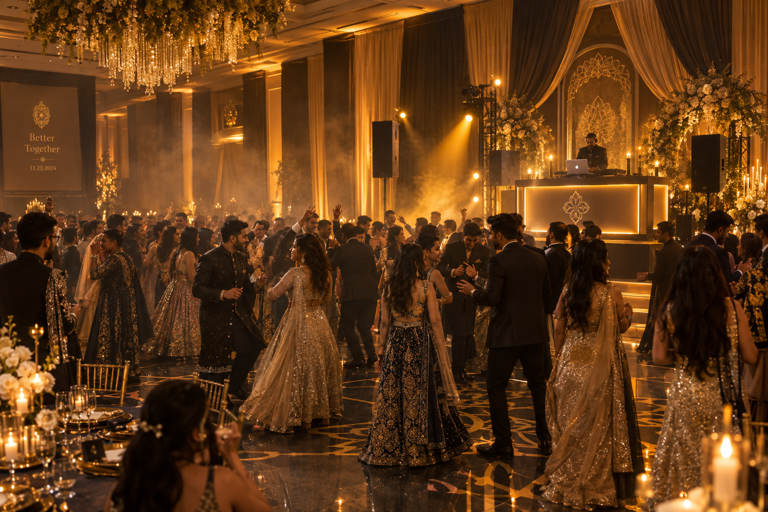 Luxurious South Asian wedding reception with DJ setup and golden lighting